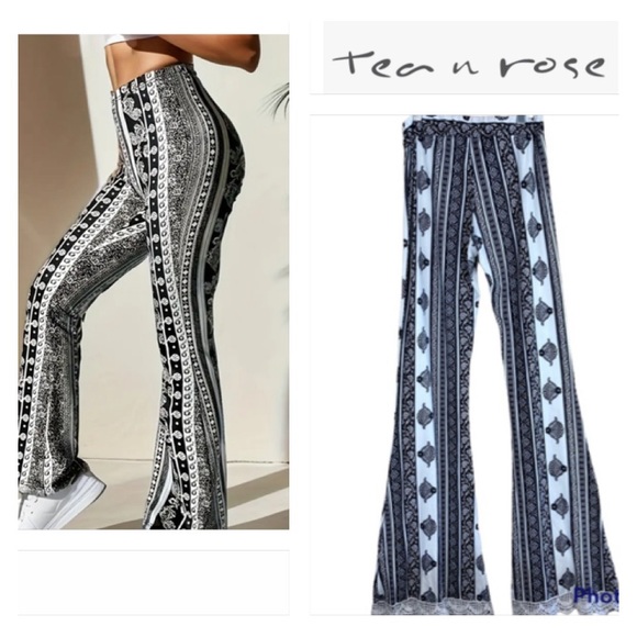 tea n rose Pants - TEA  N  ROSE Black/White Wrap Leg  Pants .